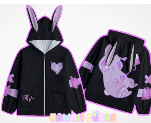 Hurt Bunny Menhera Fuzzy Hoodie Sweater (Made to Order) pastel black