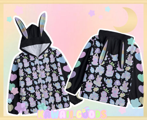Dreamy Cloud Babies Bunny Fuzzy Hoodie Sweater (Made to Order) black