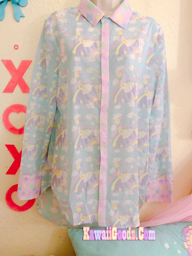 Sweets Rainbow Clouds Magical Moon Shooting Chiffon Long Sleeve Blouse (Made to Order)